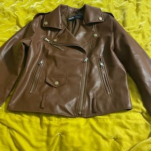 Zara : Brown Faux Vegan Leather Jacket | Size L/